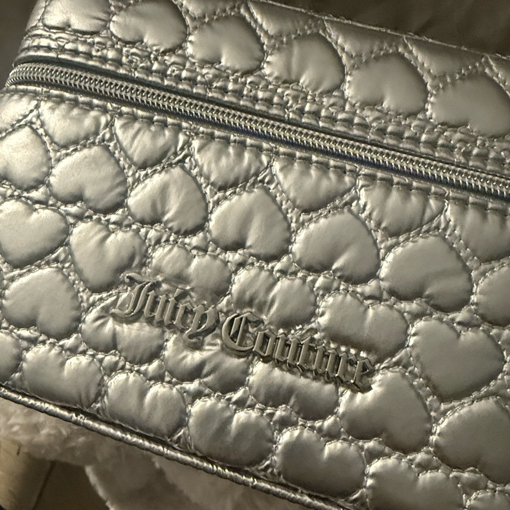 Juicy Couture Metallic Silver Quilted Heart Cosmetic Bag